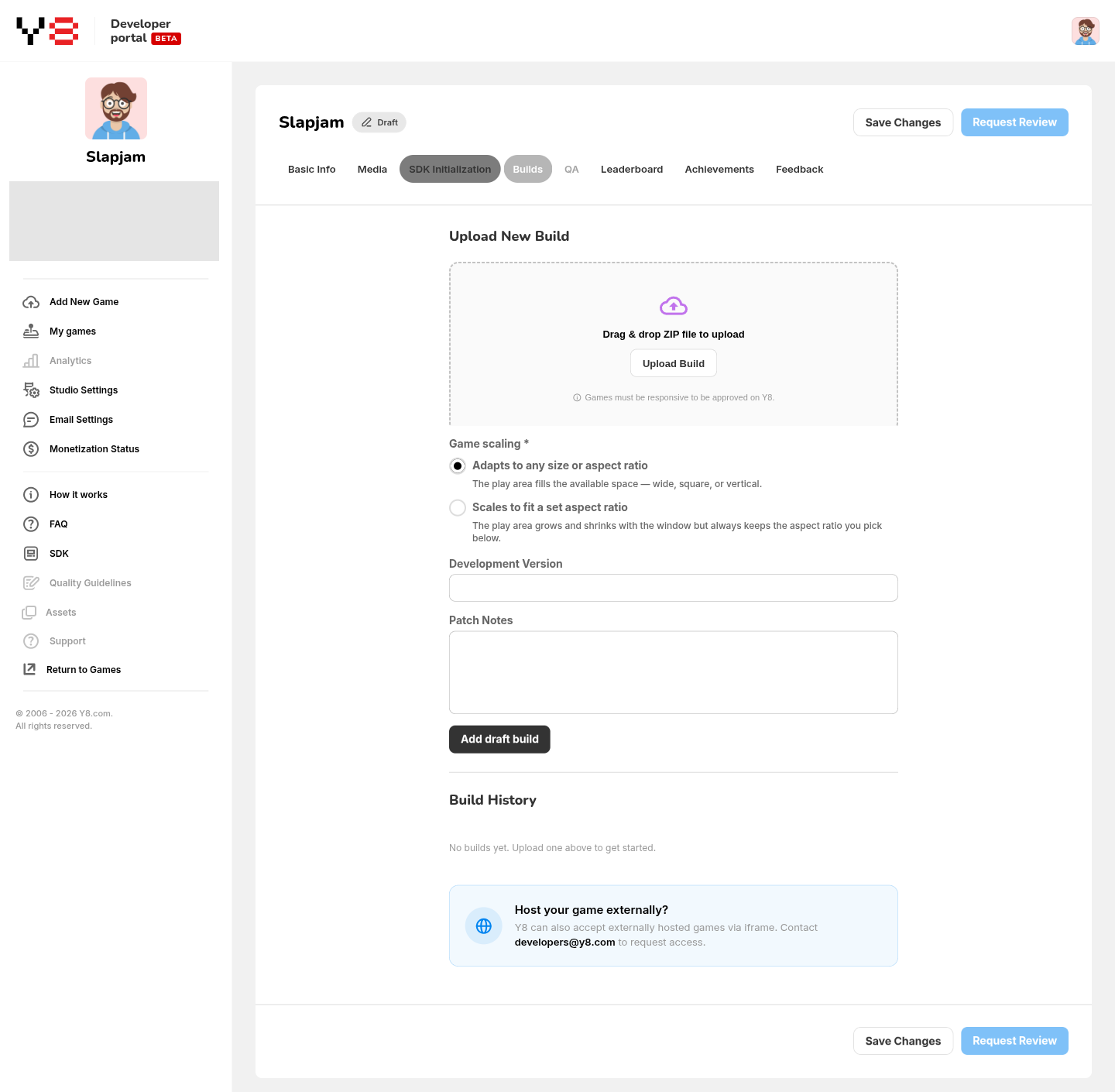 Builds tab with ZIP upload, scaling choices, Development Version, Patch Notes, Add draft build, empty Build History and Request Review.