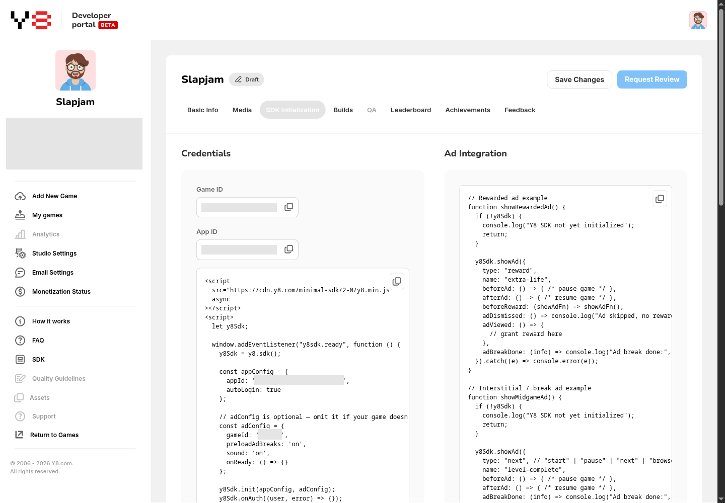 SDK Initialization tab with redacted Game ID and App ID fields, setup code and ad examples.
